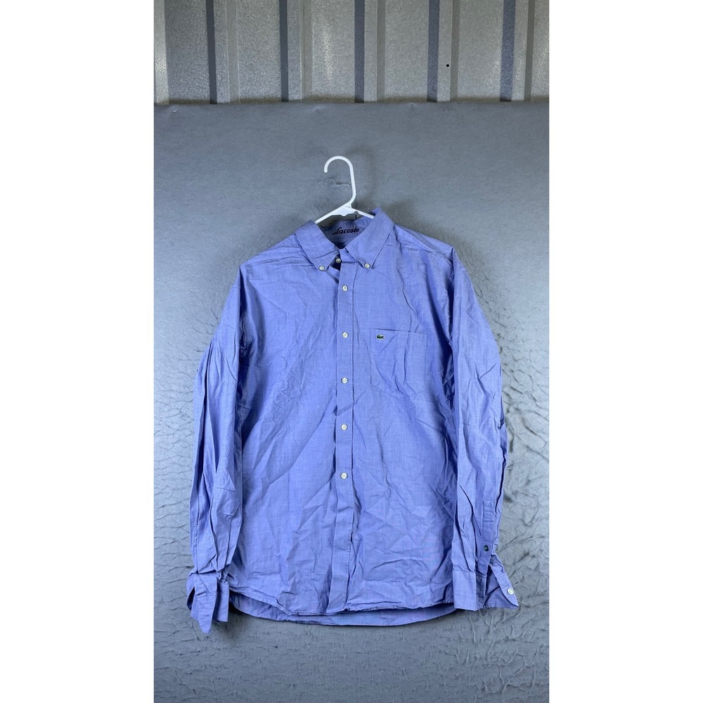 Lacoste Button Down Shirt Mens 42 Blue Excellent Regular Fit Micro Check Logo